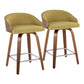 Shiraz - Set of 2 - 24" Mid-Century Modern Walnut Swivel Counter Stools in Green Fabric with Square Chrome Footrest