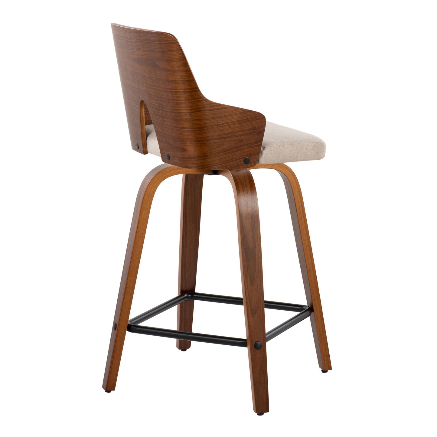 Solvique - Set of 2 - 26" Beige Upholstered Counter Stools with Walnut Wood Backrest & 360° Swivel