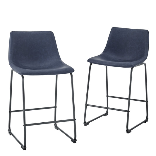 Meinroe - Set of 2 - 24” - Navy Faux Leather Industrial Counter Stools with Curved Back