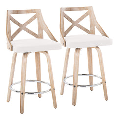 Shaniqua - Set of 2 - 26" Farmhouse Counter Stools with Cream Fabric, White-Washed Wood, Swivel, and Chrome Metal Footrest