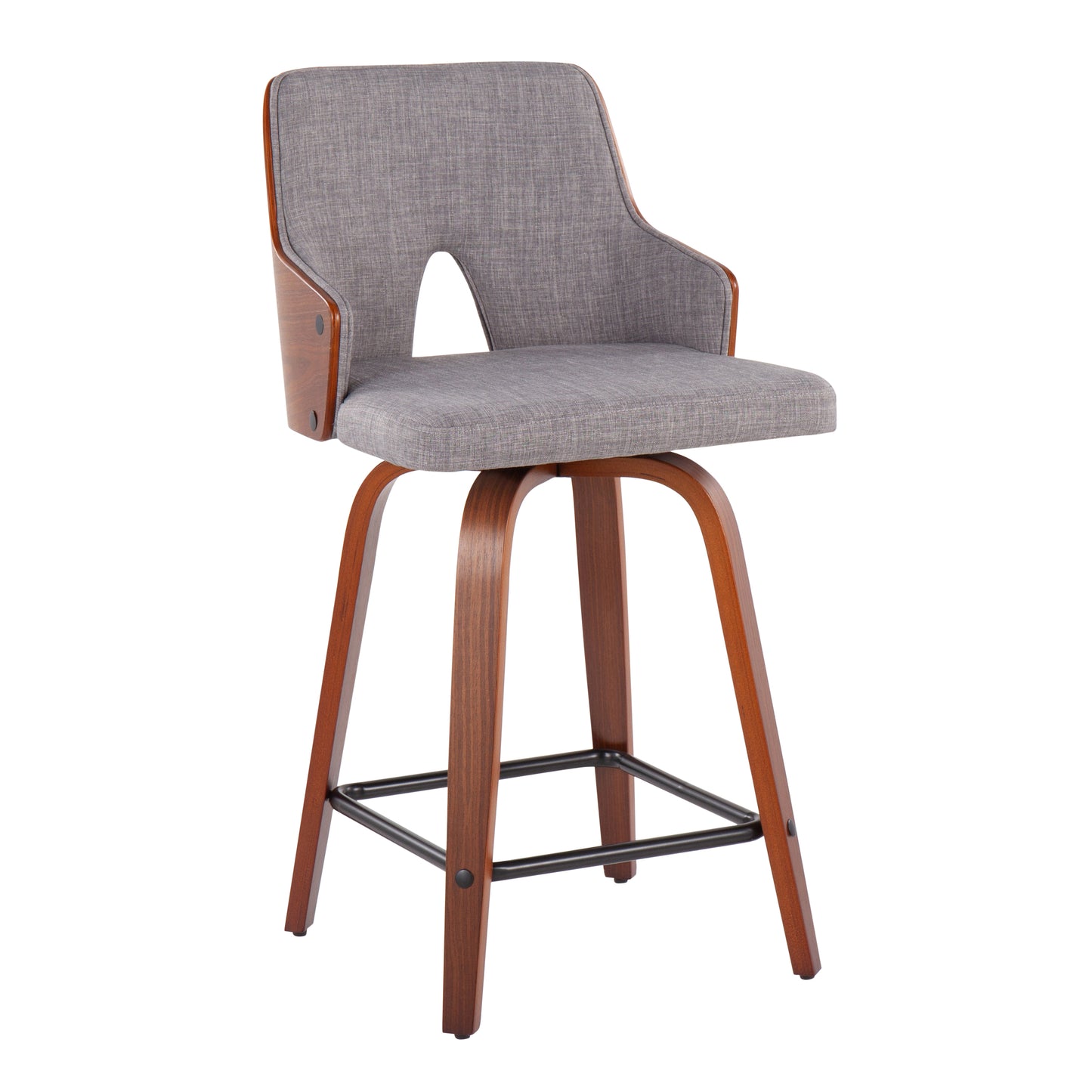 Stanwick - Set of 2 - 24" Mid-Century Modern Swivel Counter Stools with Walnut Wood Back & Grey Fabric Cushioned Seat