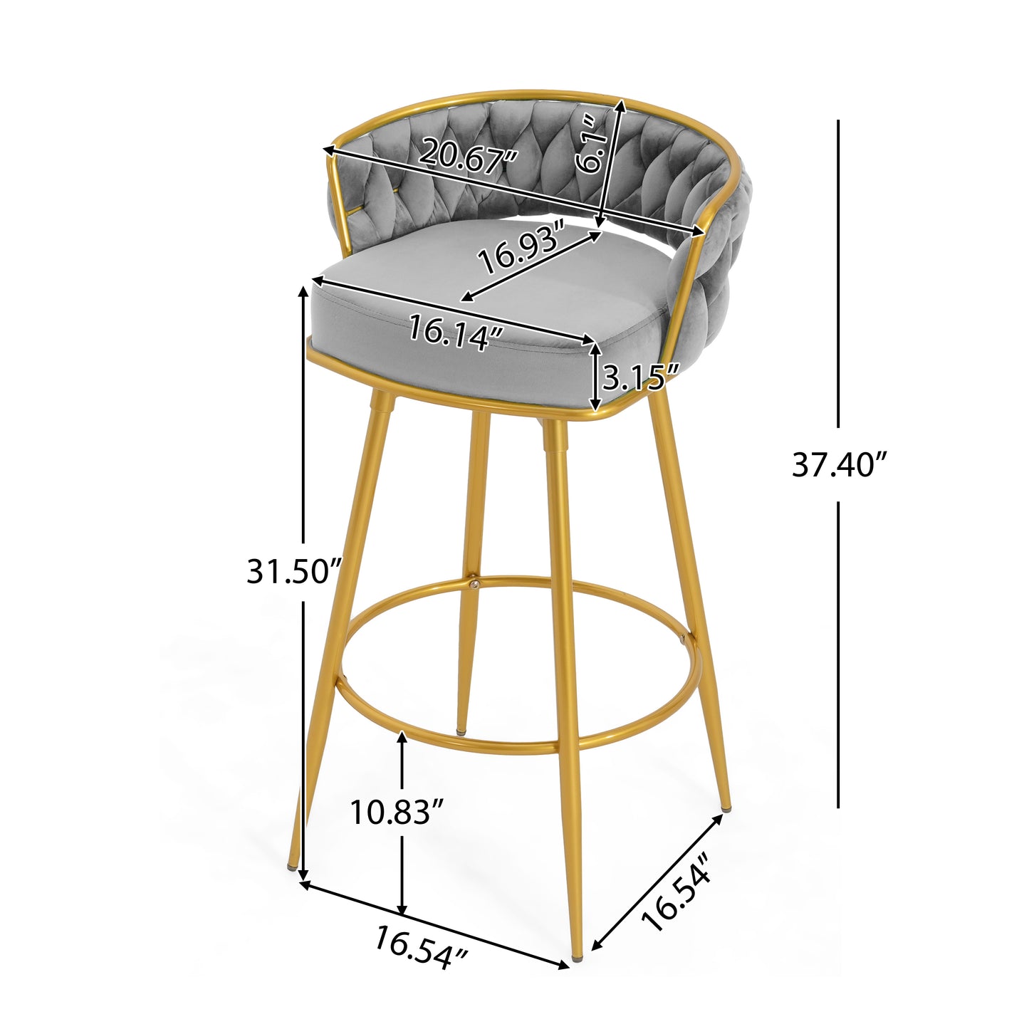 Noble - Set of 2 - 24" - 26" Grey Swivel Counter Stools with Hand-Woven Backrest and Gold Metal Legs