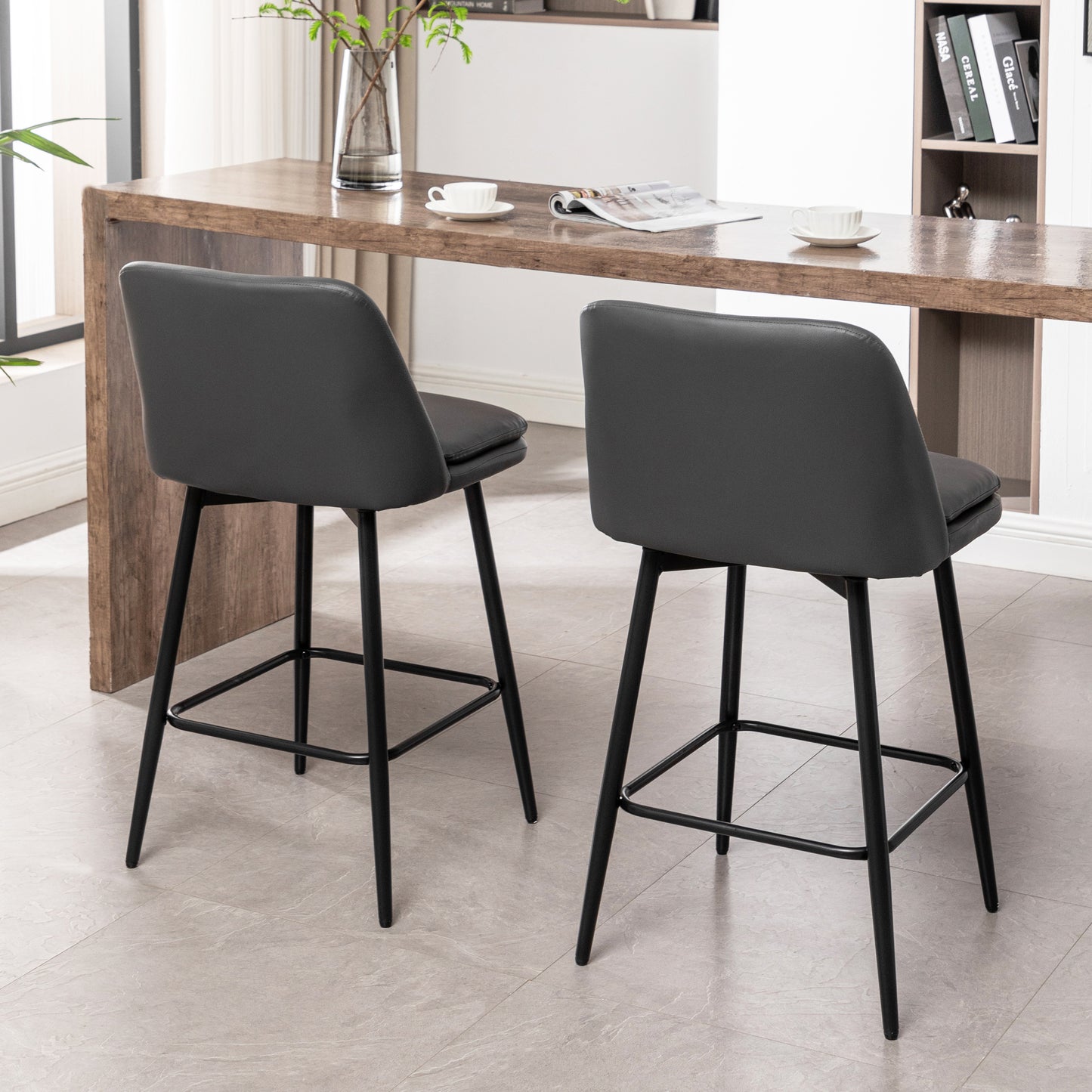 Harvaloni - Set of 2 - 26" Swivel Counter Stools with Grey Upholstered Seat and Metal Legs