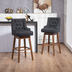 Helvion - Set of 2 - 29.92" Black Linen Swivel Counter Height Bar Stools with Solid Wood Legs and High Back