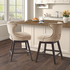 Vissari - Set of 2 -26" Beige Swivel Counter Stools with Nailhead Detailing & Dark Coffee Wood Legs