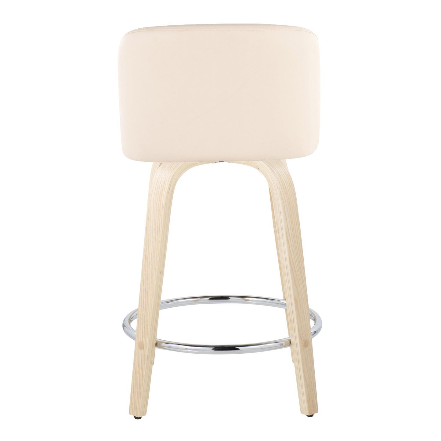 Torian  - Set of 2 - 24" Wood Swivel Counter Stools with Cream Faux Leather Upholstery and Chrome Metal Footrest