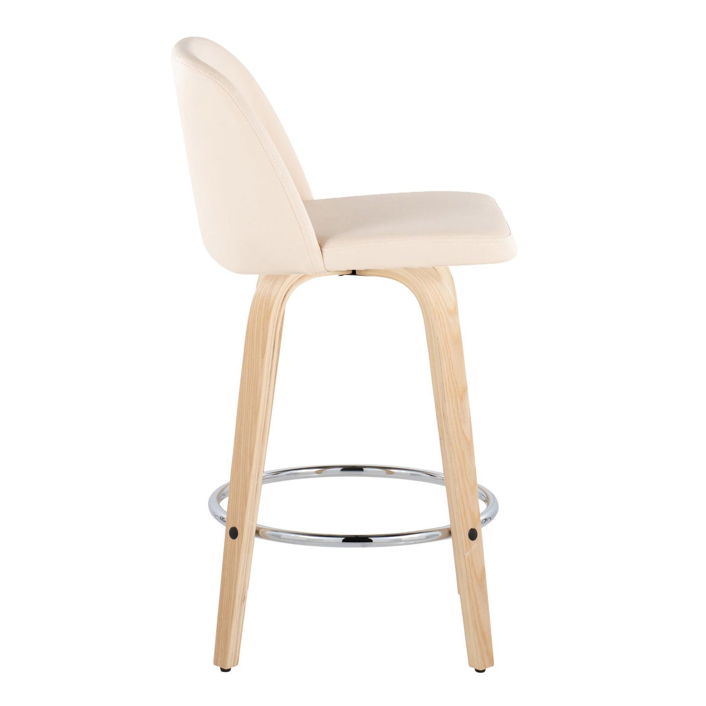 Tarian - Set of 2 - 24" Natural Wood & Cream Faux Leather Swivel Counter Stools with Chrome Footrest