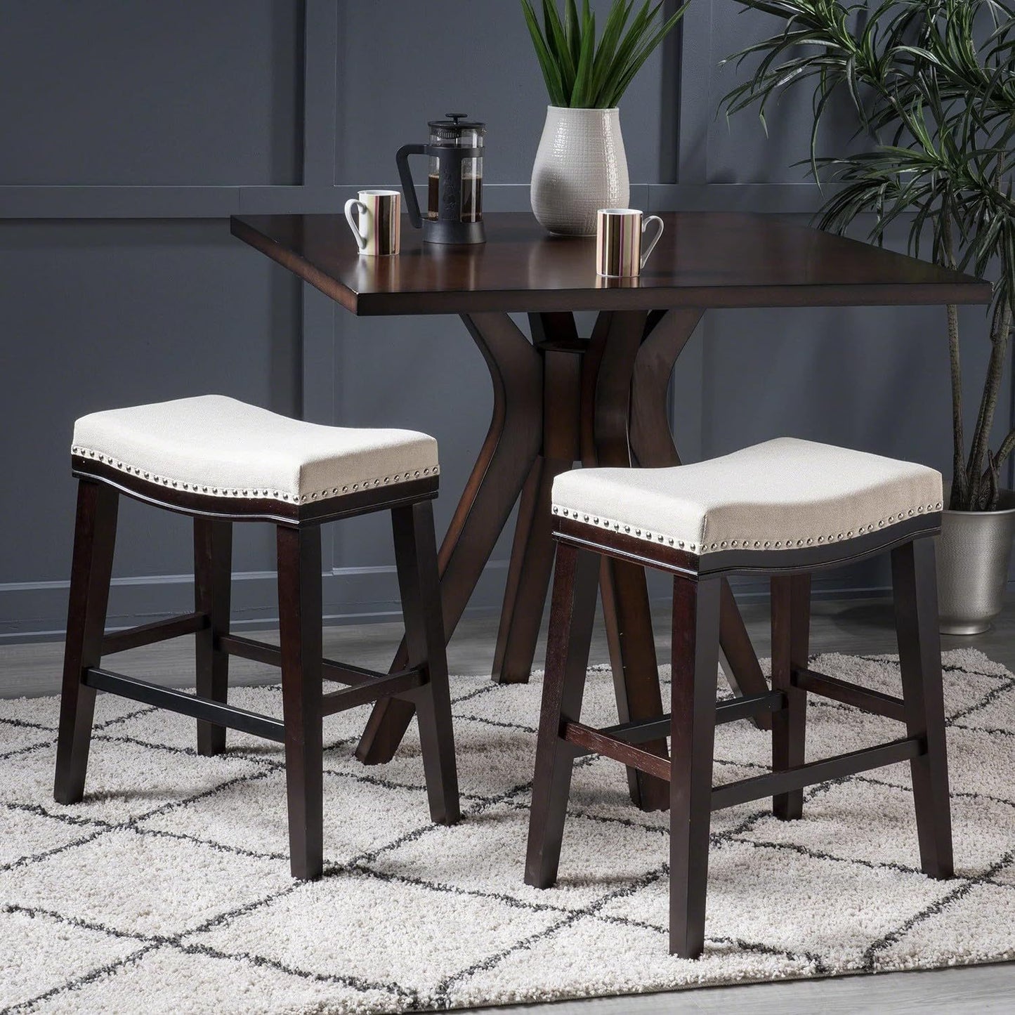 Alston - Set of 2 – 24" Beige Saddle Counter Stools with Curved Design, Dark Brown Rubberwood Legs, and Studded Detailing