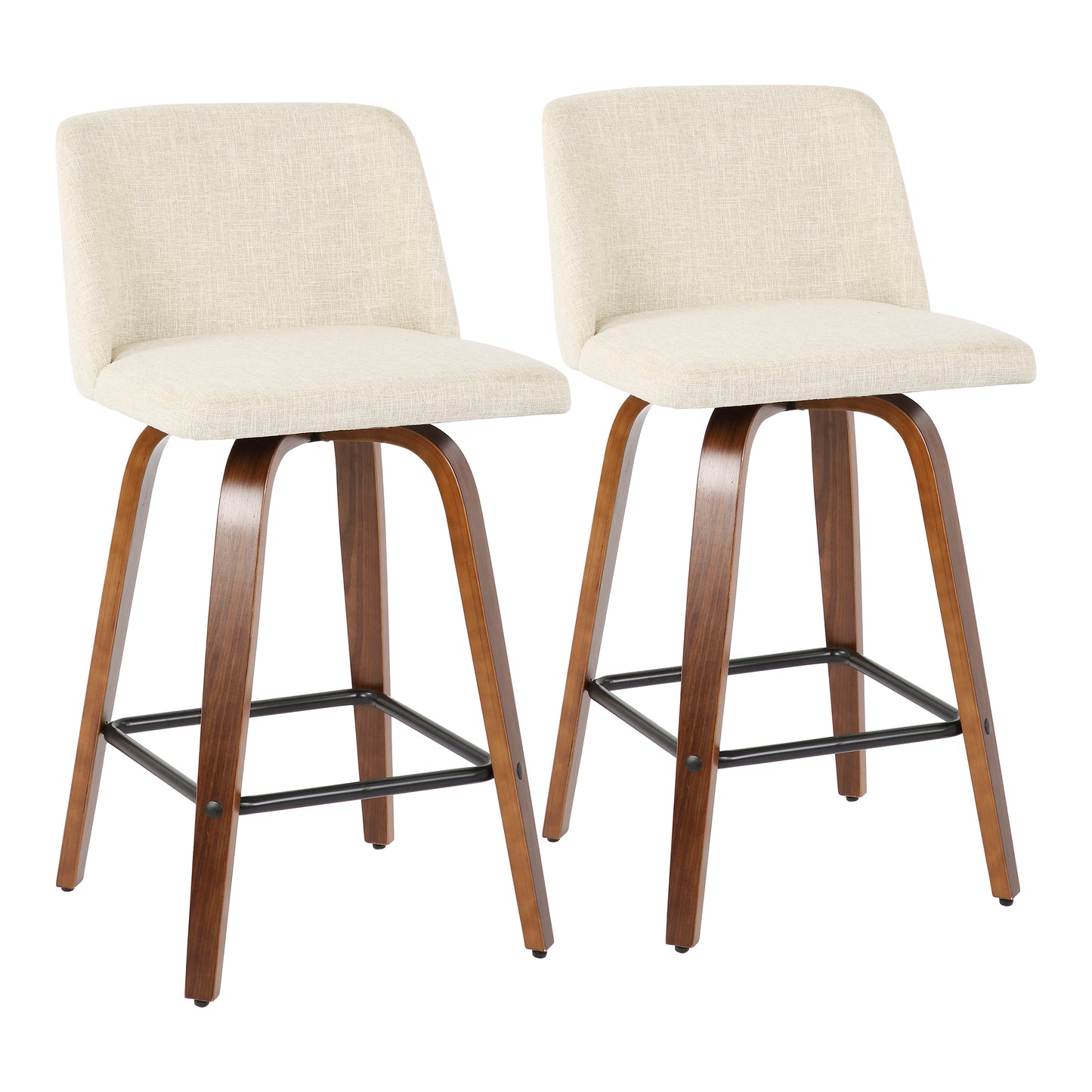 Tyver - Set of 2 - 26" Walnut and Cream Fabric Counter Stools with Mid-Century Modern Design