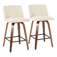 Tyver - Set of 2 - 26" Walnut and Cream Fabric Counter Stools with Mid-Century Modern Design