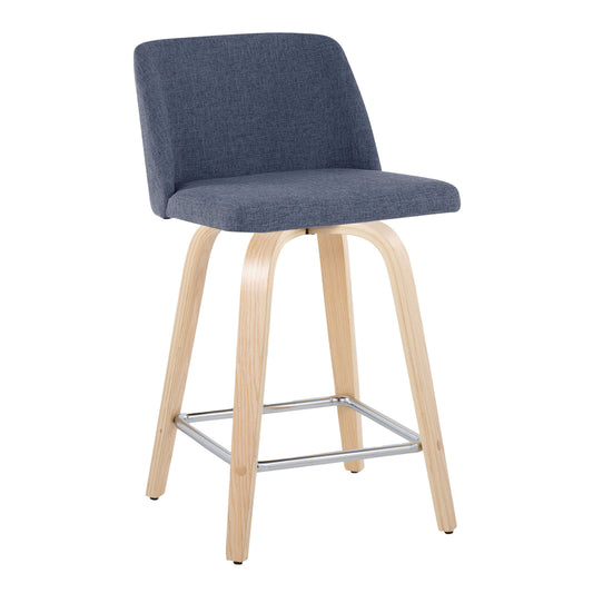 Tirian - Set of 2 - 24" Blue Upholstered Swivel Counter Stools with Natural Wood Legs and Chrome Footrest