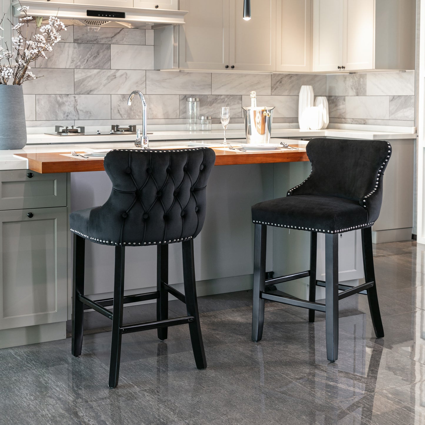 Everly - Set of 2 - 28" Contemporary Velvet Upholstered Wing-Back Bar Stools with Button Tufted Design, Wooden Legs & Chrome Nailhead Trim, Black