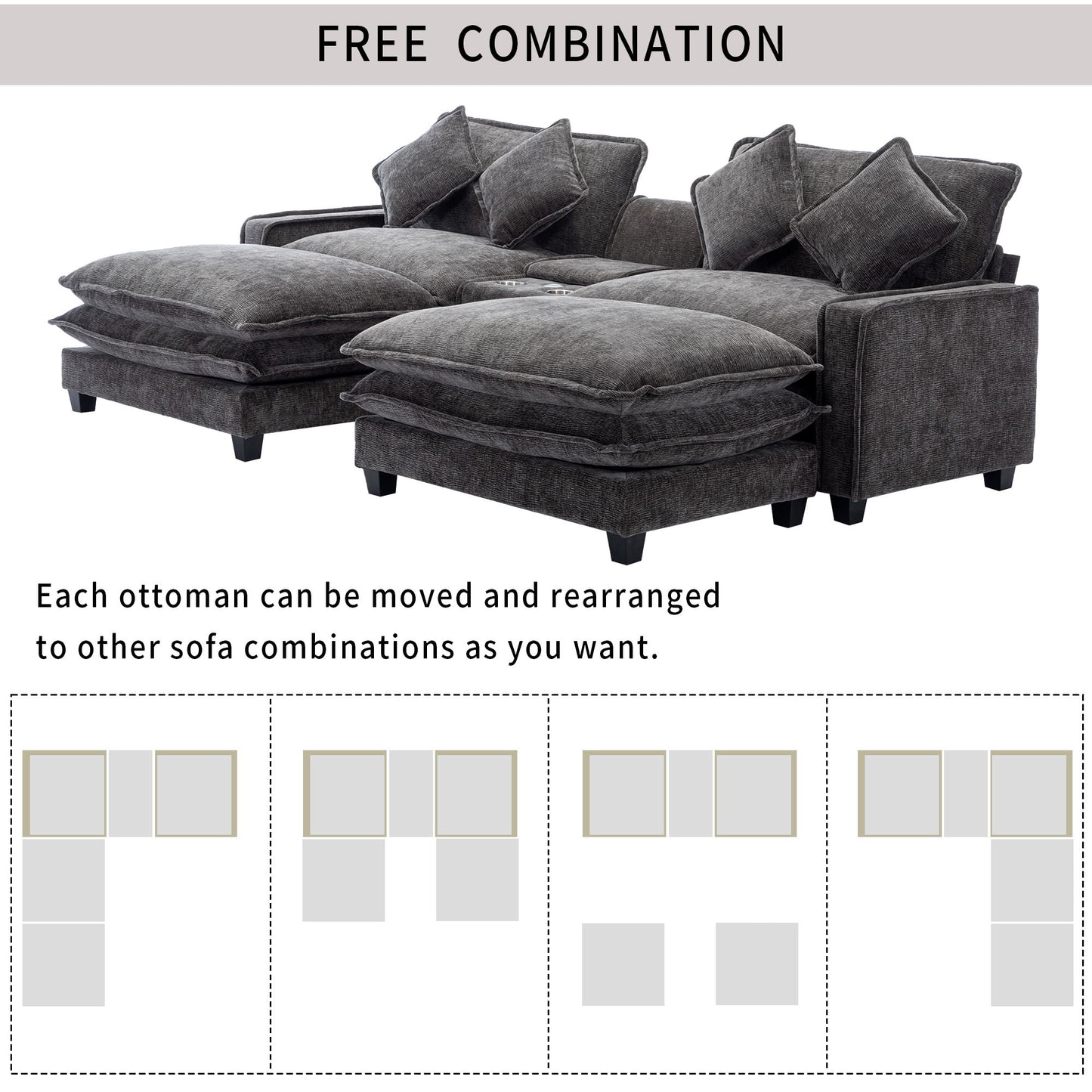 Modern Sectional Sofa With Removable Ottomans, USB Ports