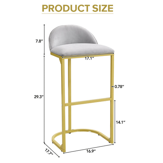 Thaddeus - Set of 2 - 30" Grey Velvet Upholstered Bar Stools with Gold Metal Frame, Padded Backrest, and Footrest