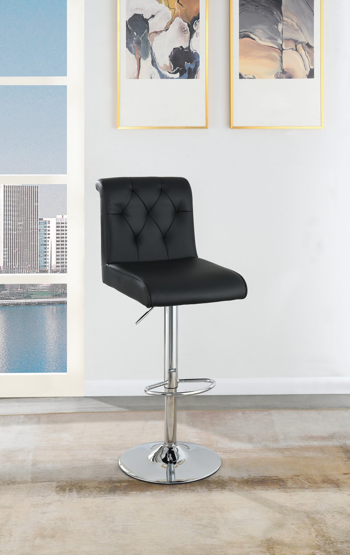 Luent – Set of 2 – 24" Adjustable Black Bar Stools with Tufted Back, Gas Lift, Chrome Base, and Faux Leather Upholstery