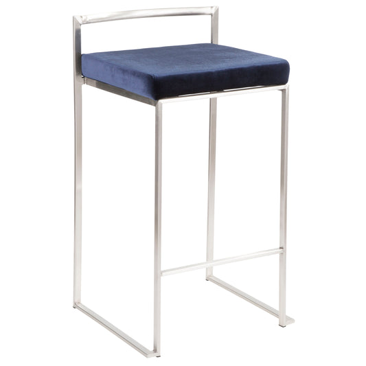 Lemox - Set of 3 - 26" Contemporary Stackable Counter Stools in Stainless Steel with Blue Velvet Cushion - 16" L x 17.5" W x 31" H