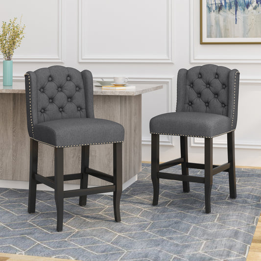 Videssa - Set of 2 - 27" Wingback Counter Stools with Charcoal Fabric & Dark Brown Rubberwood