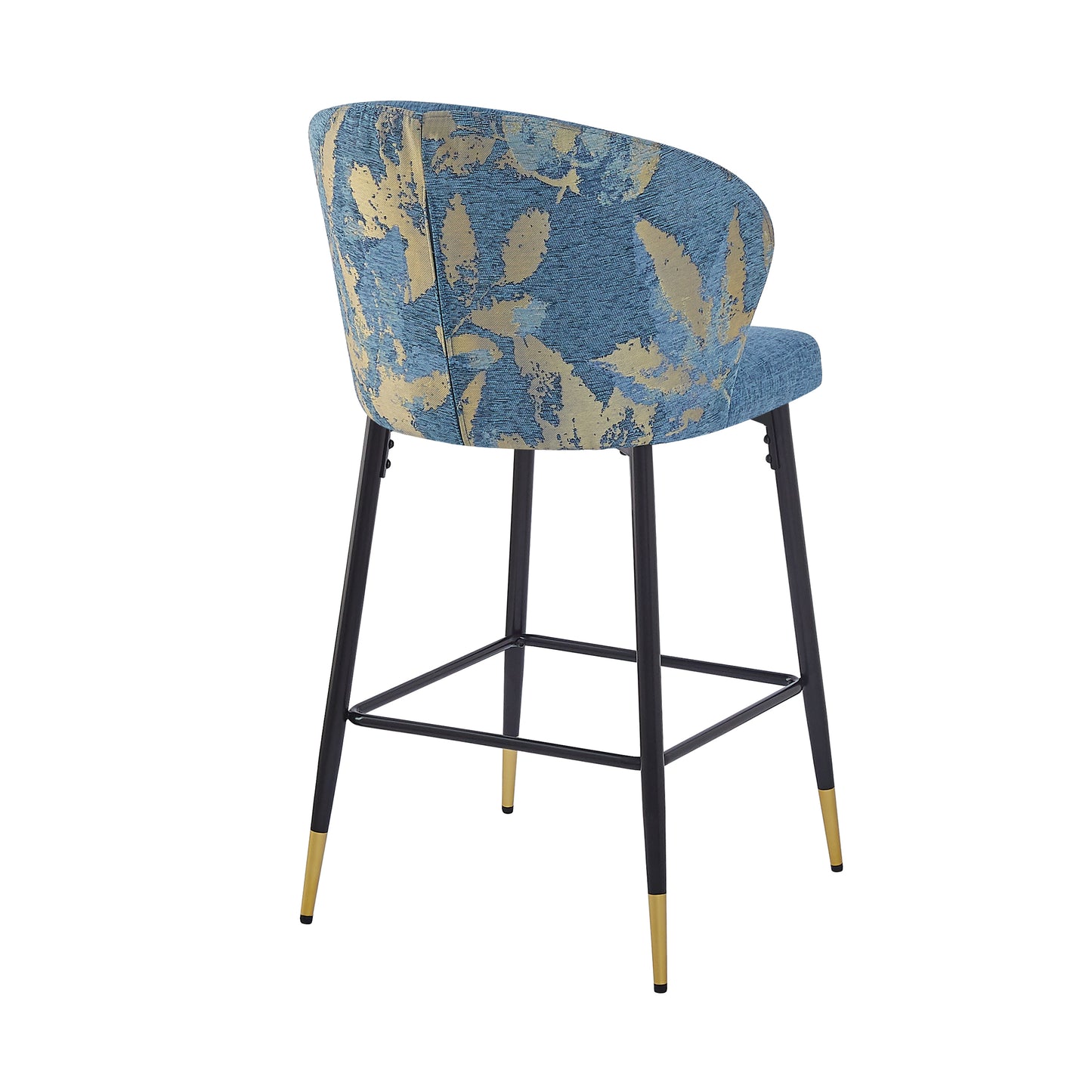 Loressa - Set of 2 - 28" Blue Jacquard Counter Height Bar Stools, Modern Wingback Design, Metal Frame with Black & Gold Footrests