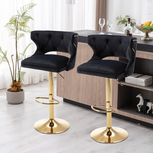 Virtell - Set of 2 -26" Velvet Black Counter Height Bar Stools with Back & Footrest – Adjustable Seat, Swivel Design, Gold Chrome Base