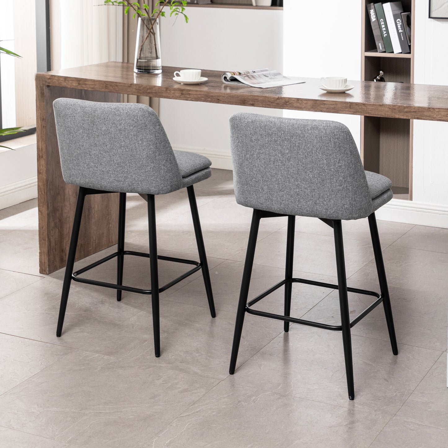 Vectoria 26" - Set of 2 - Light Grey Upholstered Swivel Counter Height Bar Stools with Metal Legs, 360° Swivel, and High Back, 25.6" Seat Height