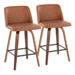 Norbury - Set of 2 - 26" Mid-Century Modern Swivel Counter Stools with Walnut Wood & Camel Faux Leather, Square Black Footrest