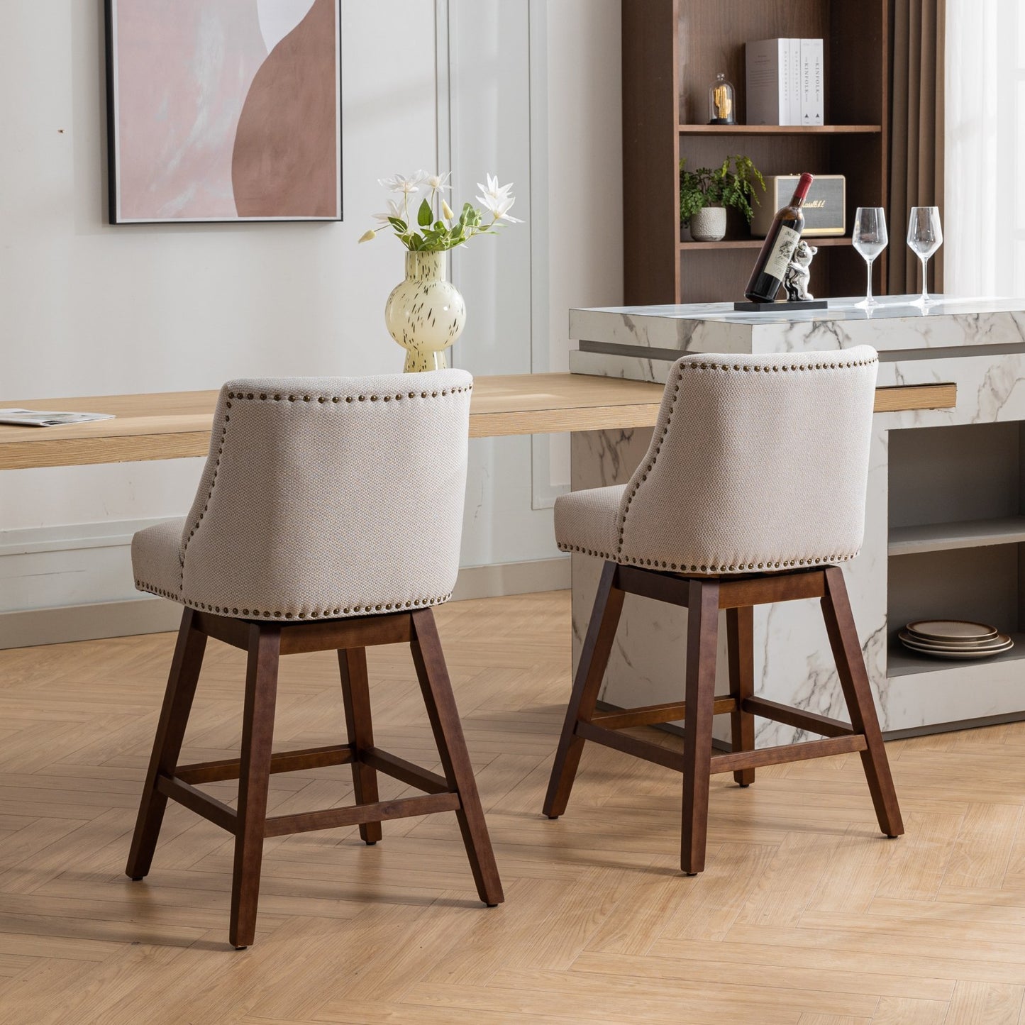 Avalon - Set of 2 - 26" Ivory Upholstered Counter Height Swivel Bar Stools with Curved Back, American Design, and Solid Rubber Wood Legs