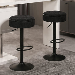 Halsten - Set of 2 - 28" Black Linen Adjustable Swivel Bar Stools with Storage, 360° Counter Height, Armless Design for Kitchen and Dining Room