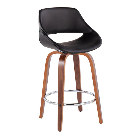 Fabrico - Set of 2 - 26" Black Faux Leather Counter Stools with Walnut Wood Swivel Legs and Chrome Footrest