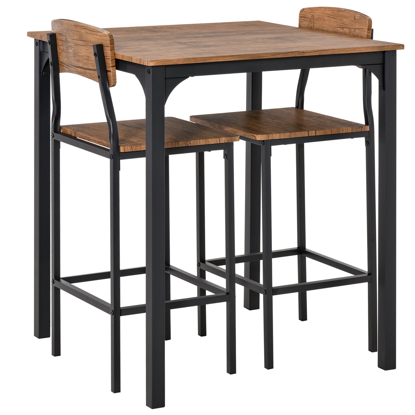 Vitalis- Set of 2 - 27" Black Swivel Wood Bar Stools with High Back - Industrial 3-Piece Bar Table Set with Steel Legs & Footrests