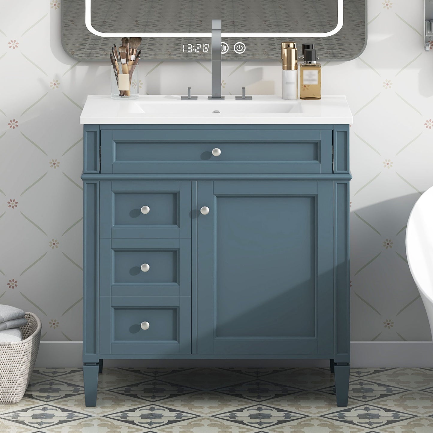 Bathroom Vanity With Top Sink, Storage Cabinet With 2 Drawers And Tip Out Drawer, Rectangular Design - Indigo Blue