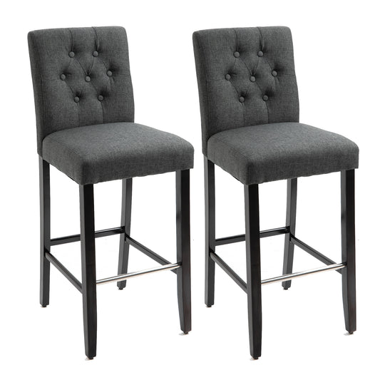 Harvar - Set of 2 - 30" Dark Grey Bar Height Stools with Button Tufted Linen Upholstery, Solid Wood Legs, and Footrest