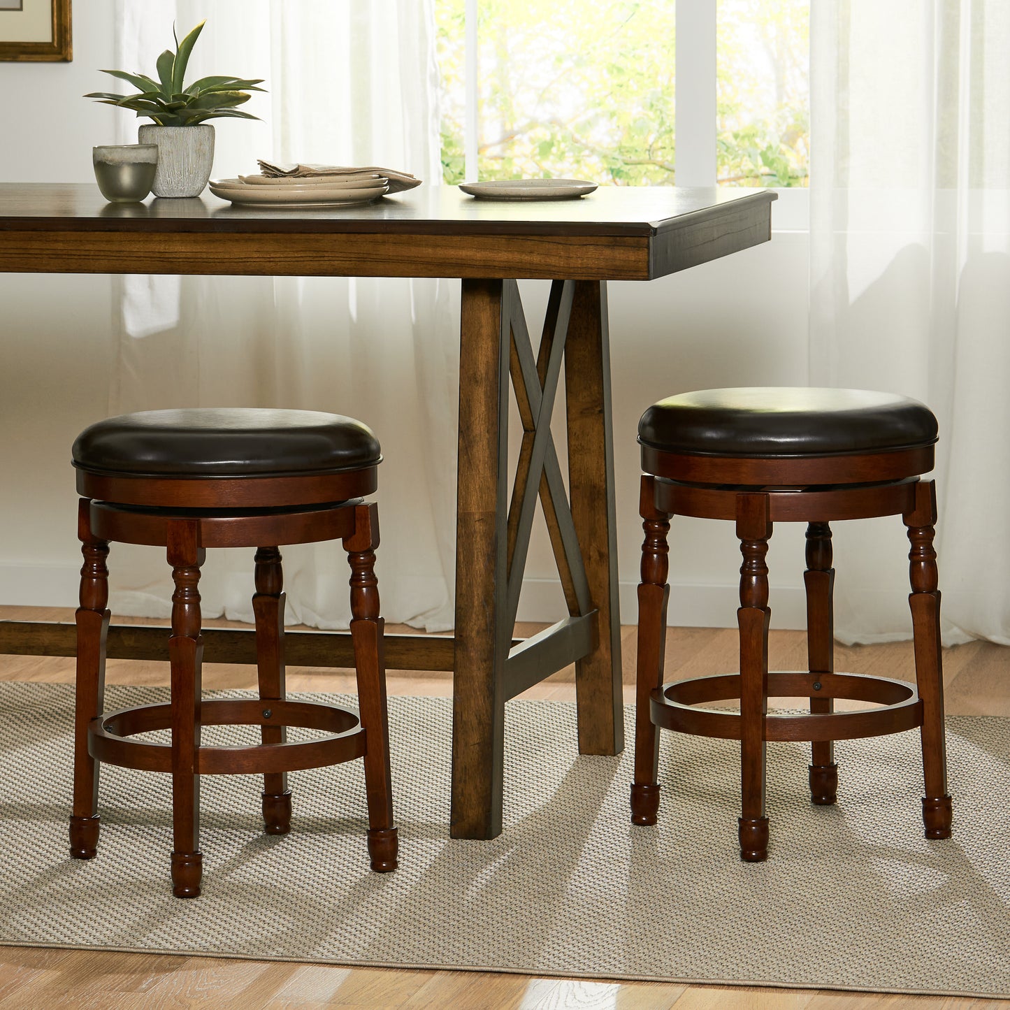 Landis - Set of 2 - 25" Chocolate Brown Faux Leather Swivel Counter Stools with Backless Design