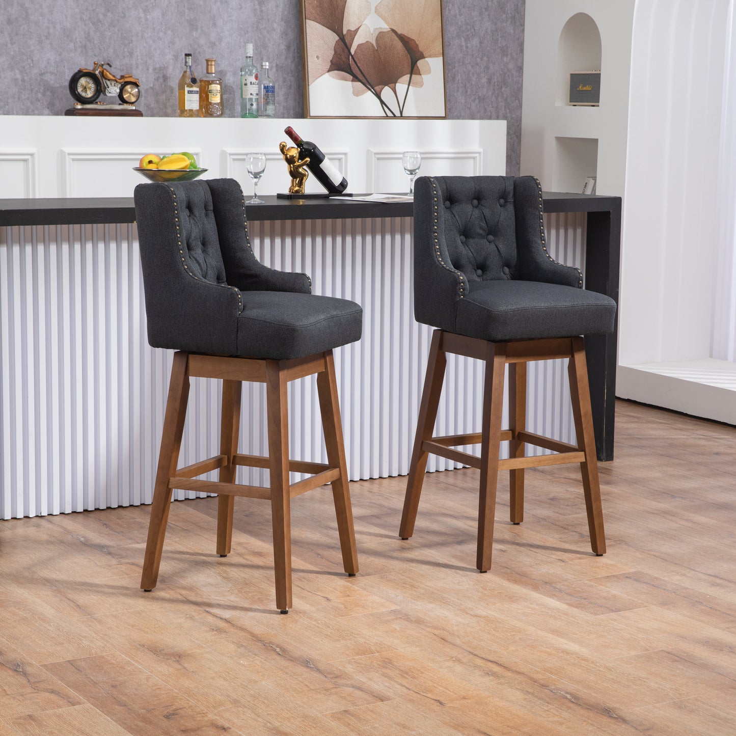 Marthlian - Set of 2 - 25" Navy Linen Counter Height Bar Stools with 360° Swivel, Footrest, Solid Wood Legs, and Retro Style for Kitchen or Dining Room