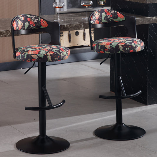 Bennett - Set of 2 - 26" Black Adjustable Swivel Bar Stools with Solid Wood Backrest and Soft Fabric Upholstery