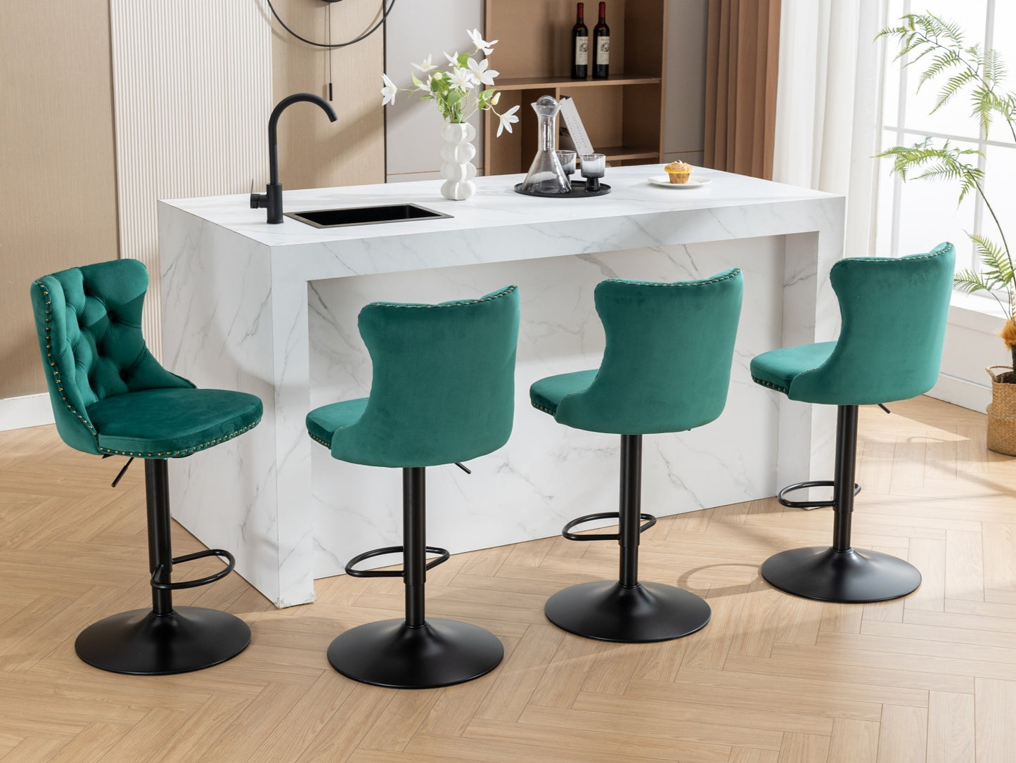 Luxury  - Set of 2 - 25" Green Velvet Swivel Barstools with Adjustable Seat Height, Upholstered Tufted Chairs & Copper Nailheads