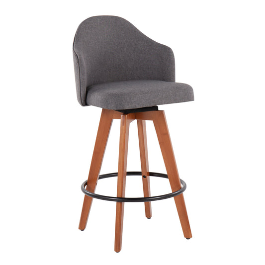 Hightop - Set of 2 - 29" Grey Upholstered Counter Stools with Bamboo Legs and Black Metal Footrest