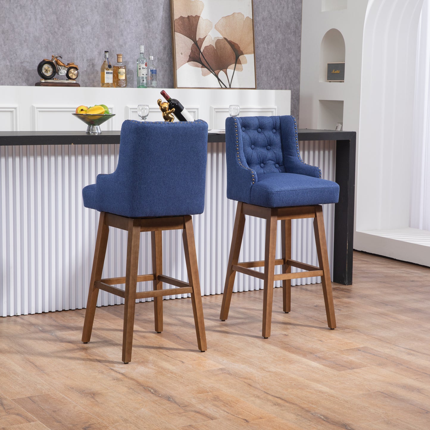 Morrithal - Set of 2 - 30" Navy Linen Counter Height Bar Stools with 360° Swivel, Footrest, Solid Wood Legs, and Retro Style for Kitchen or Dining Room