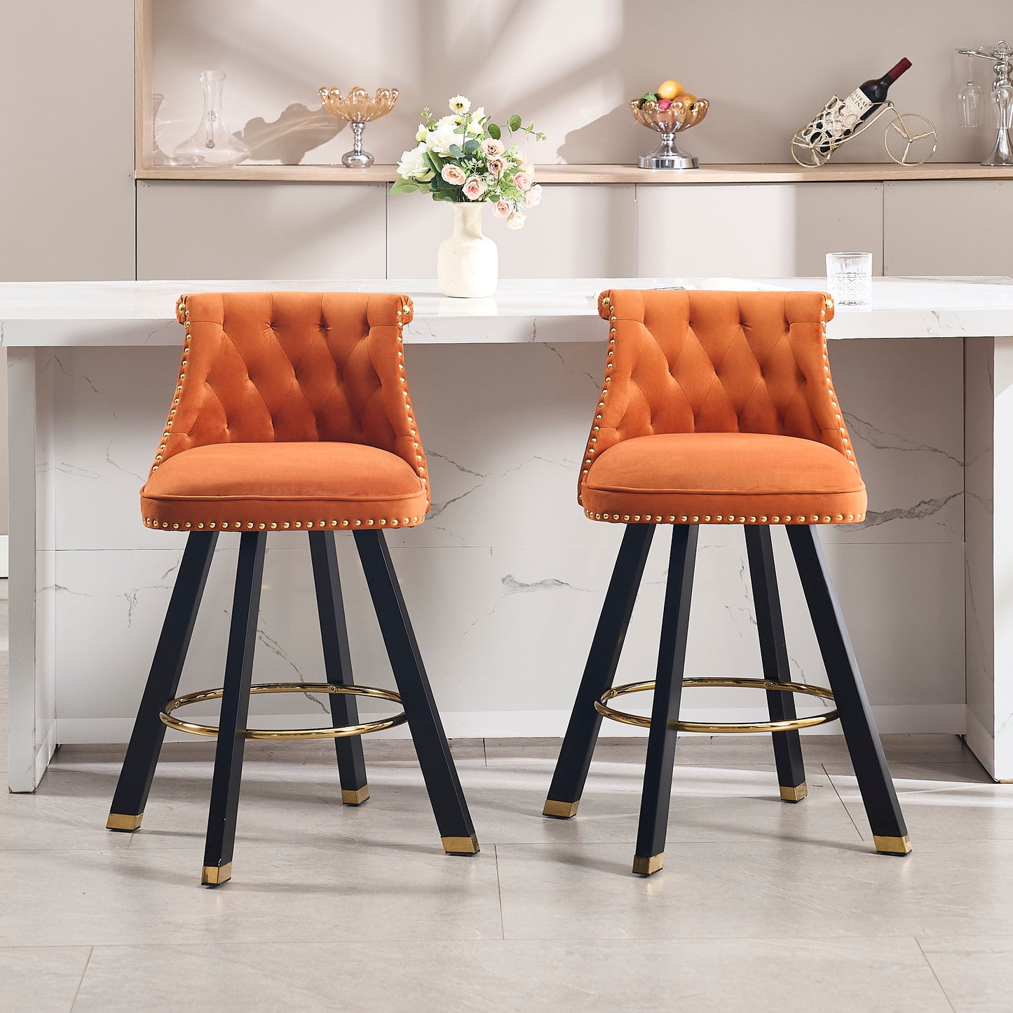 Sapphire - Set of 2 - 26" Velvet Bar Stools with Back Pull Design, Rivet Decoration, 360° Rotation, Wooden Legs for Kitchen or Dining Room