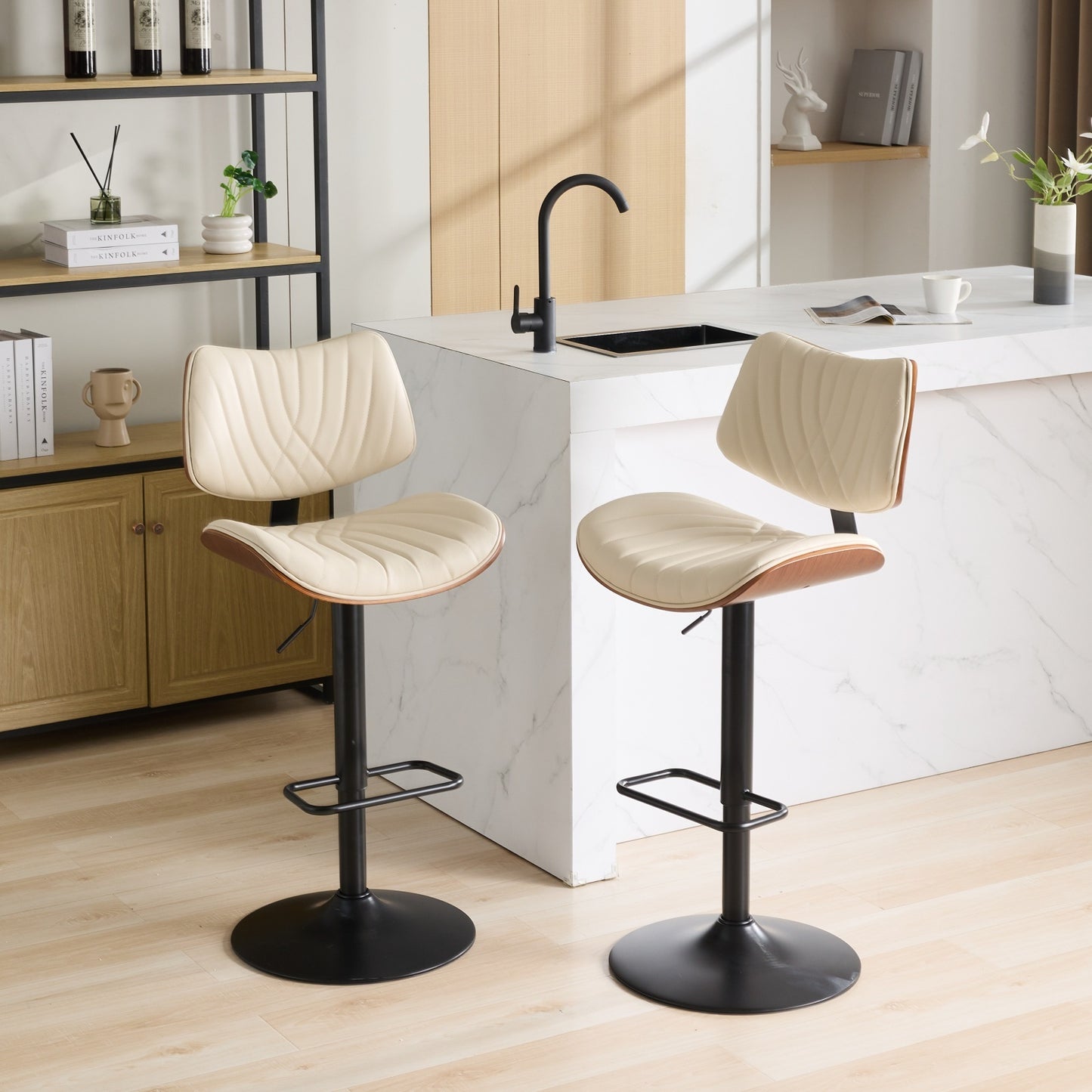 Stafan - Set of 2 - 24" Walnut Bentwood Bar Stools, Mid-Century Modern Adjustable Counter Height, Black Faux Leather Upholstered, 360° Swivel for Kitchen Island/Dining Room, Beige