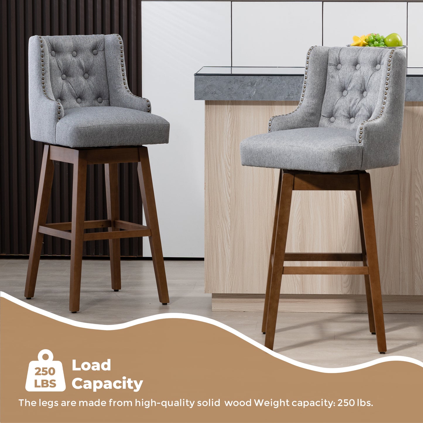 Eric - Set of 2 - 30" Gray Linen Swivel Bar Stools with Button-Tufted Backrest, Solid Wood Legs, Seat Height