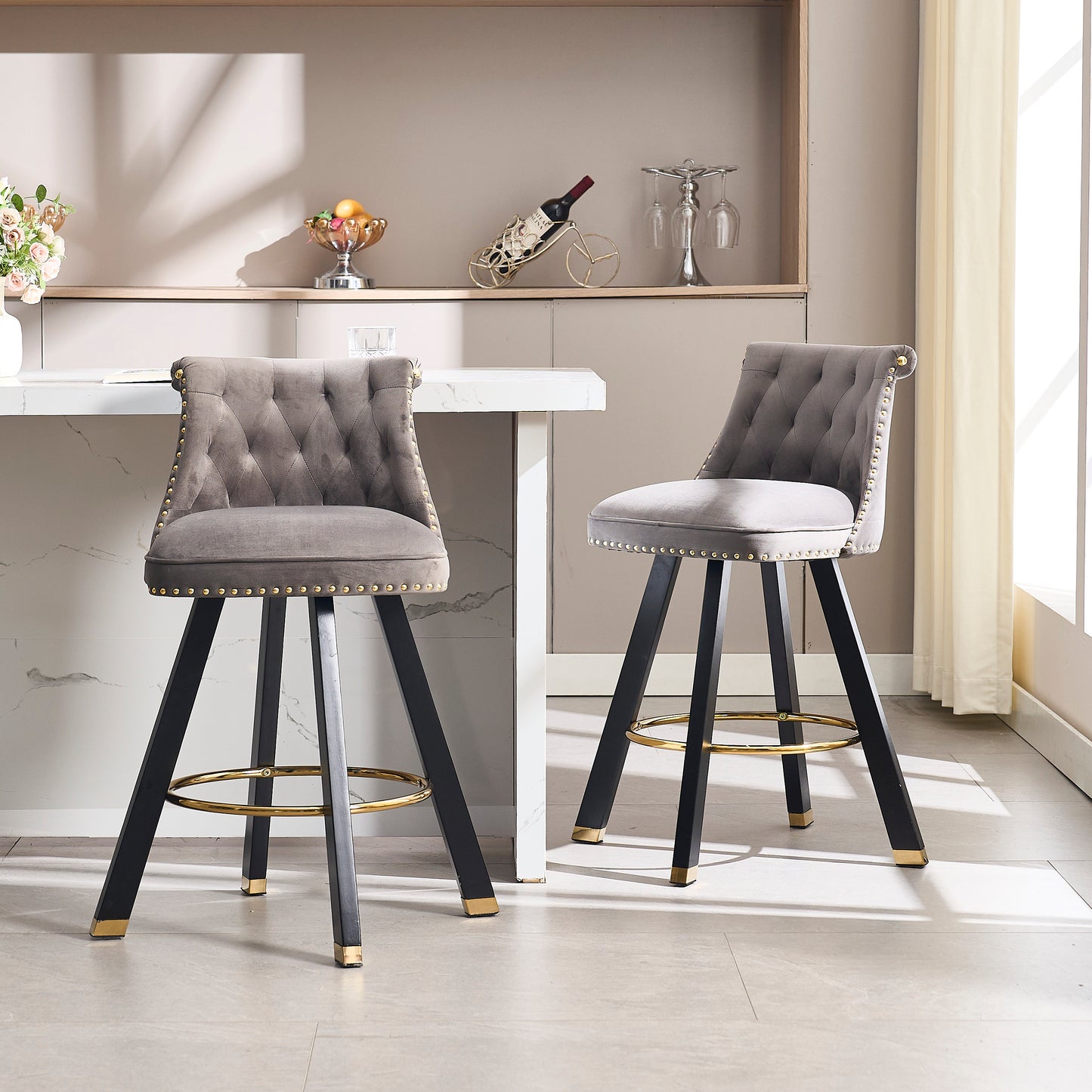 Evra - Set of 2 - Dark Gray Velvet Bar Stools with 360° Swivel, Rivet Detailing, and 26" Seat Height