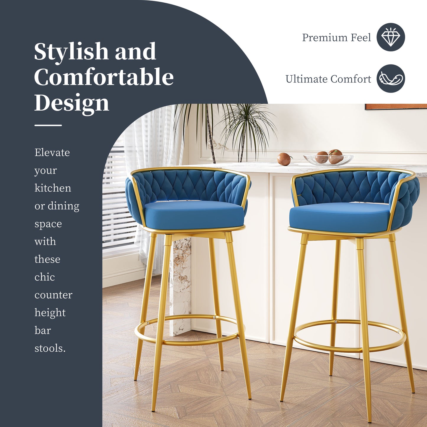 Lyma - Set of 2 - 30" Swivel Counter Height Bar Stools with Hand-Woven Backrest & Gold Metal Legs, Upholstered Velvet Kitchen Chairs in Blue