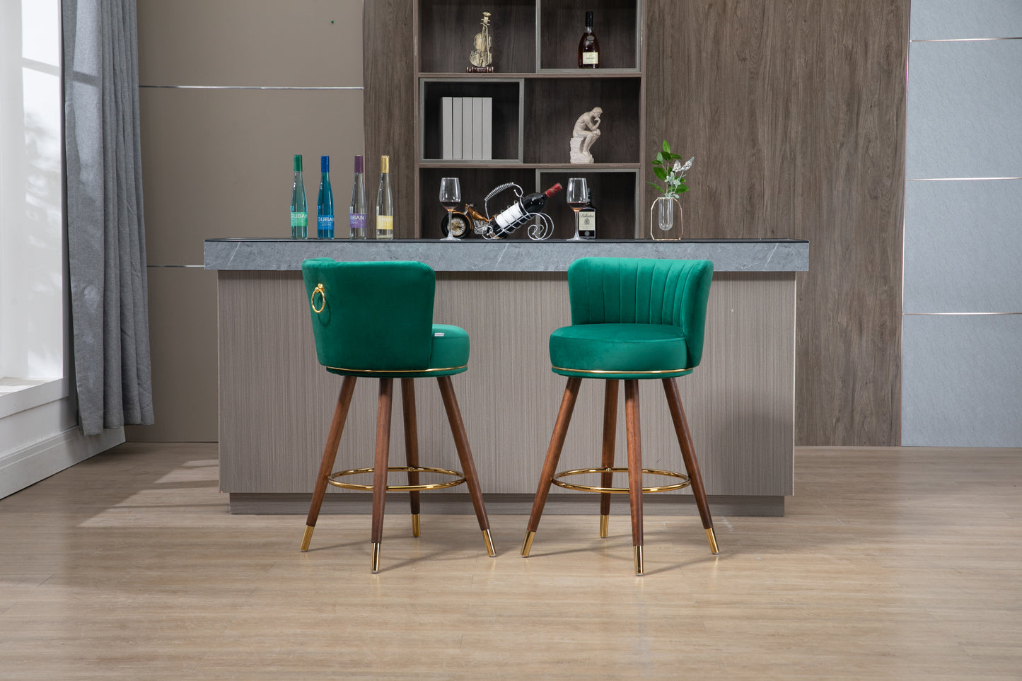 Monial - Set of 2 - 28" Emerald Swivel Bar Stools with Backrest, Footrest, and Solid Wood Legs