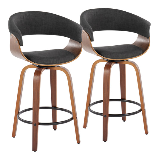 Lyle - Set of 2 - 26" Mid-Century Modern Swivel Counter Stools in Walnut Wood and Charcoal Fabric with Black Metal Footrest