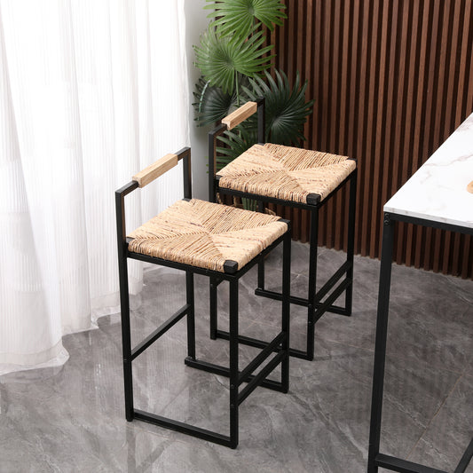 Solange - Set of 2 - 16.54" Rustic Water Hyacinth Woven Bar Stools with Backrest, Natural Finish and Black Metal Frame, Counter Height Dining Chairs