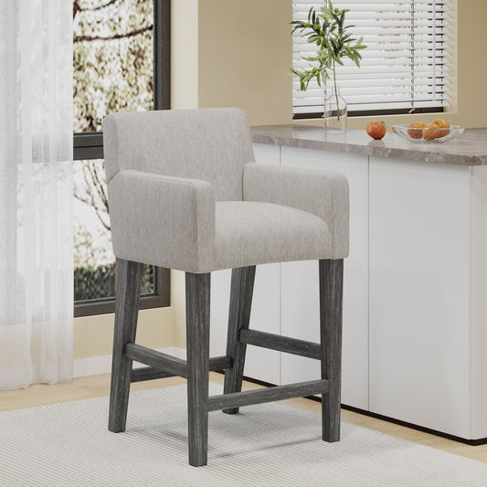 Lioris - Set of 2 - 26" Upholstered Counter Stools, Light Gray Fabric, Rubberwood Frame