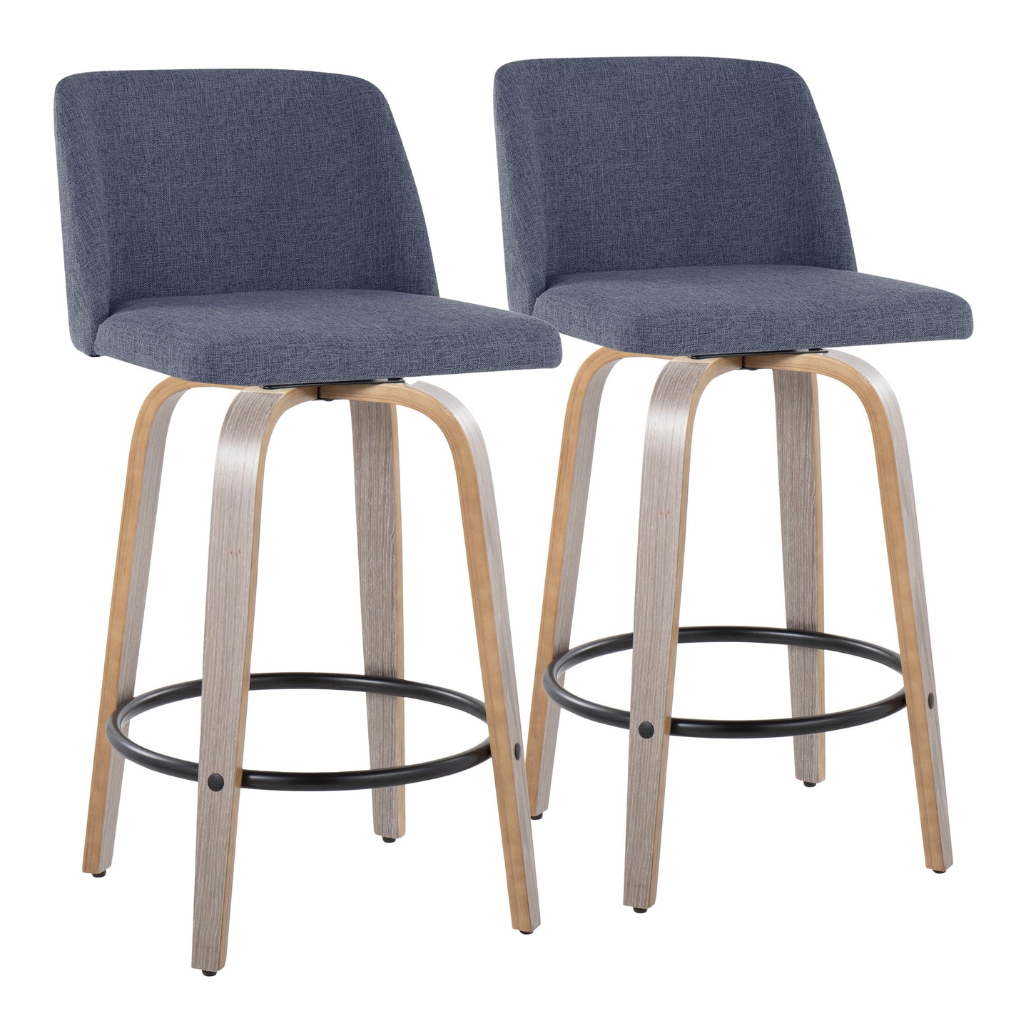 Clovent - Set of 2 - 24" Counter Stools - Light Grey and Blue Fabric Swivel Black Metal Footrest