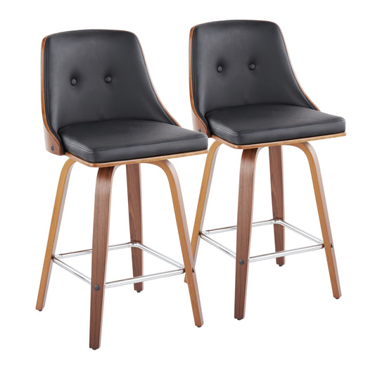 Gwenlyn - Set of 2 - 24" Walnut Wood and Light Black Faux Leather Mid-Century Counter Stools with Chrome Footrest