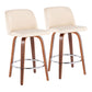 Walden - Set of 2 - 24" Cream Faux Leather Counter Stools with Walnut Wood Base and Chrome Footrest