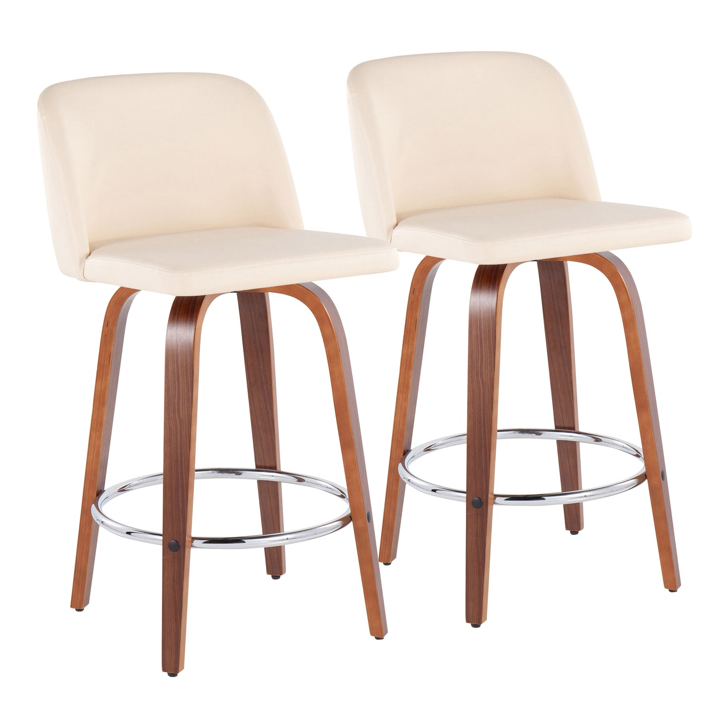 Walden - Set of 2 - 24" Cream Faux Leather Counter Stools with Walnut Wood Base and Chrome Footrest